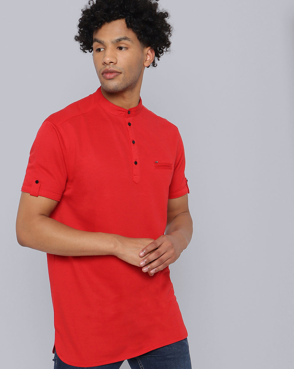 Red Solid Knit Casual Short Kurta For Men