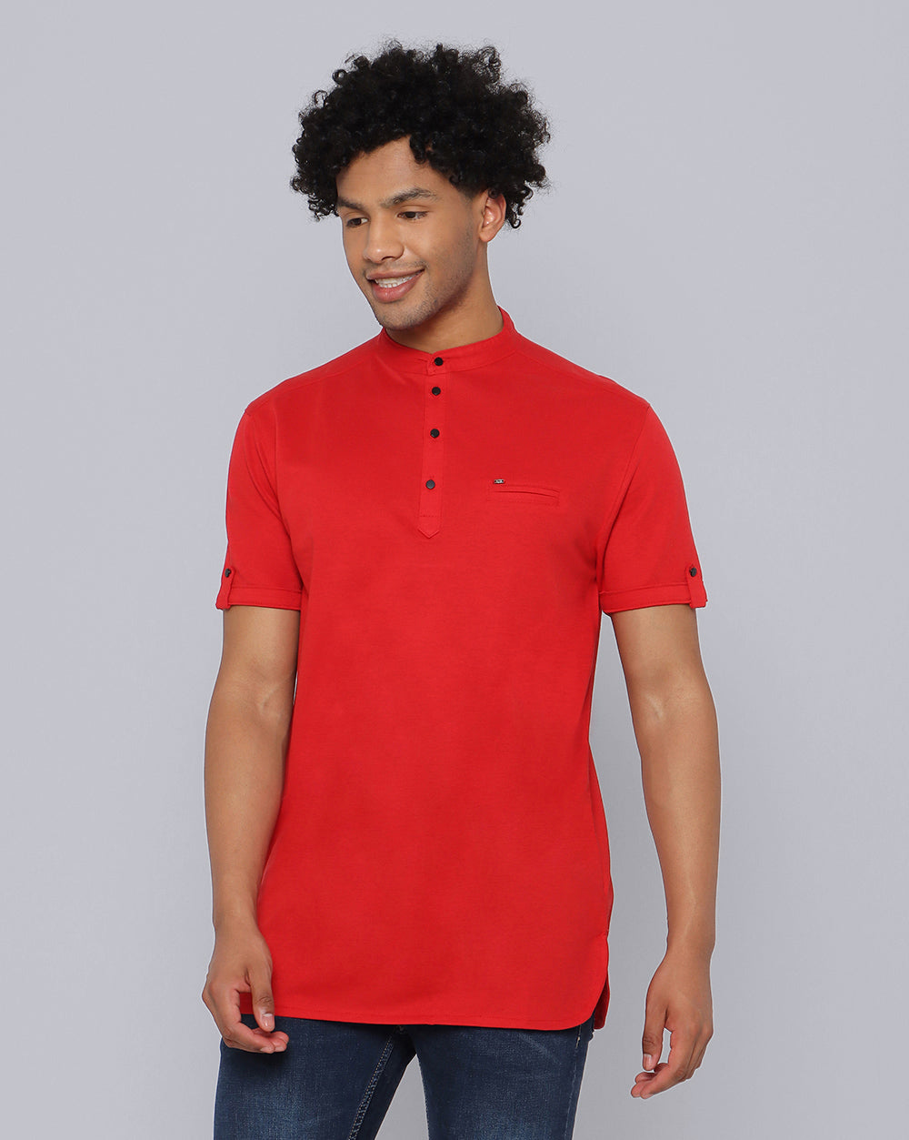 Red Solid Knit Casual Short Kurta For Men