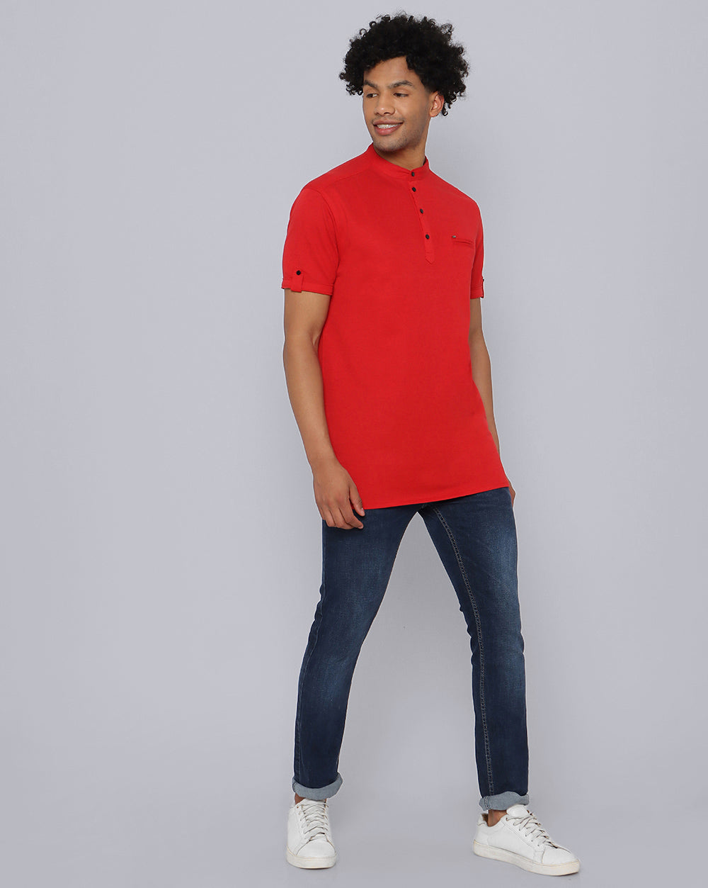 Solid Knit Casual Kurta-Red