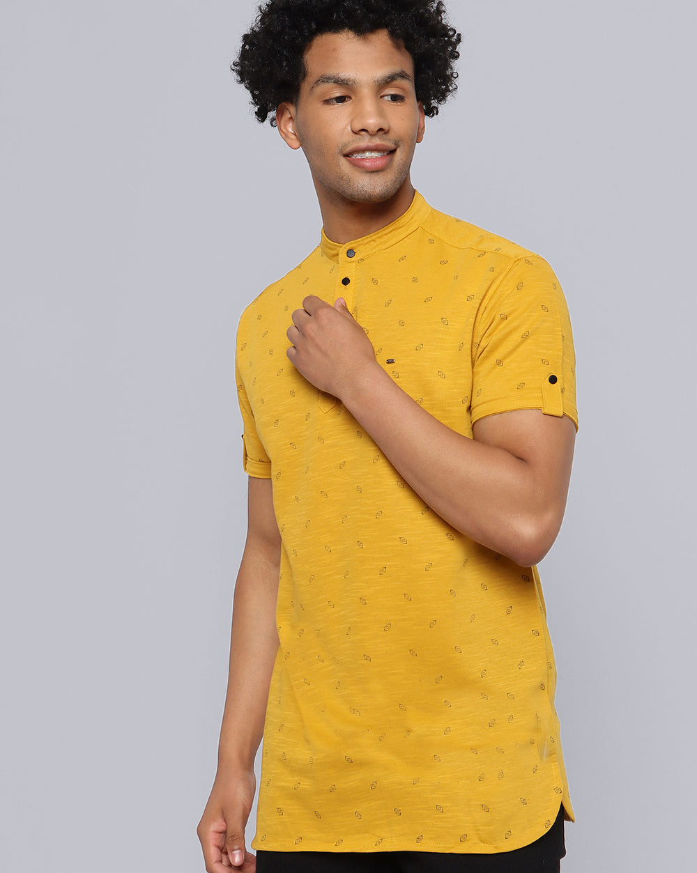 Yellow Printed Knit Casual Kurta For Men