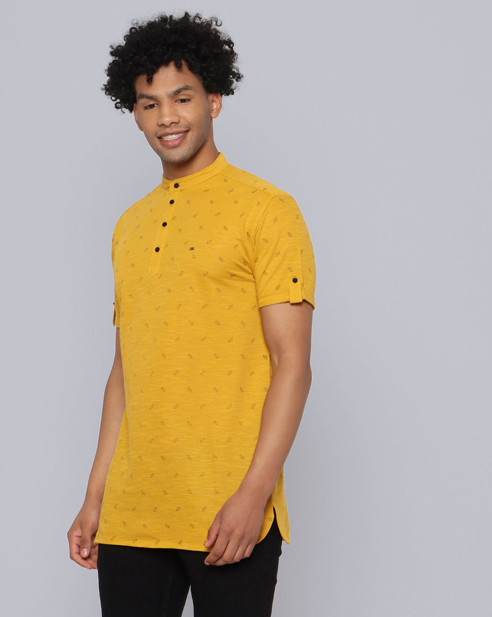 Yellow Printed Knit Casual Kurta For Men