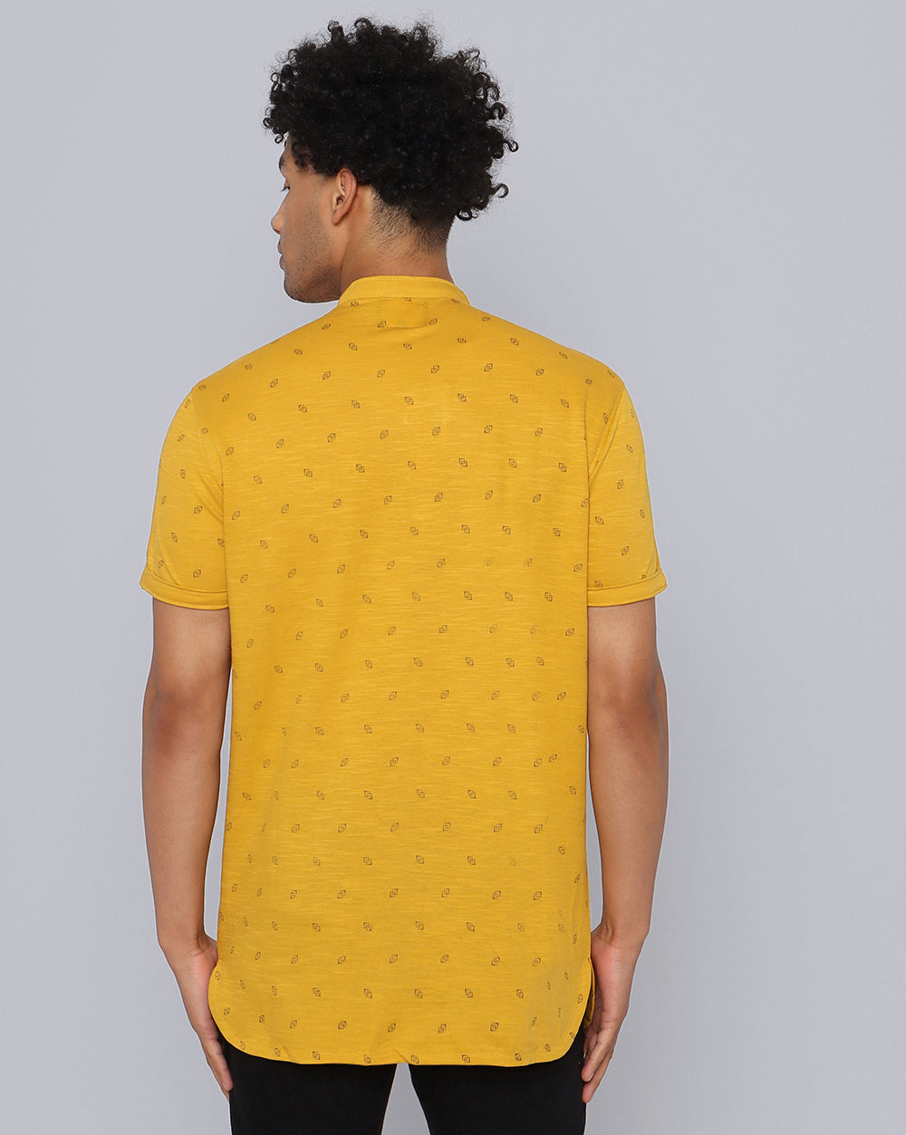 Yellow Printed Knit Casual Kurta For Men
