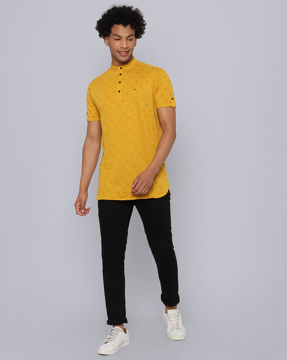 Yellow Printed Knit Casual Kurta For Men
