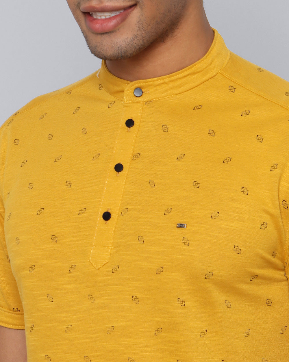 Yellow Printed Knit Casual Kurta For Men