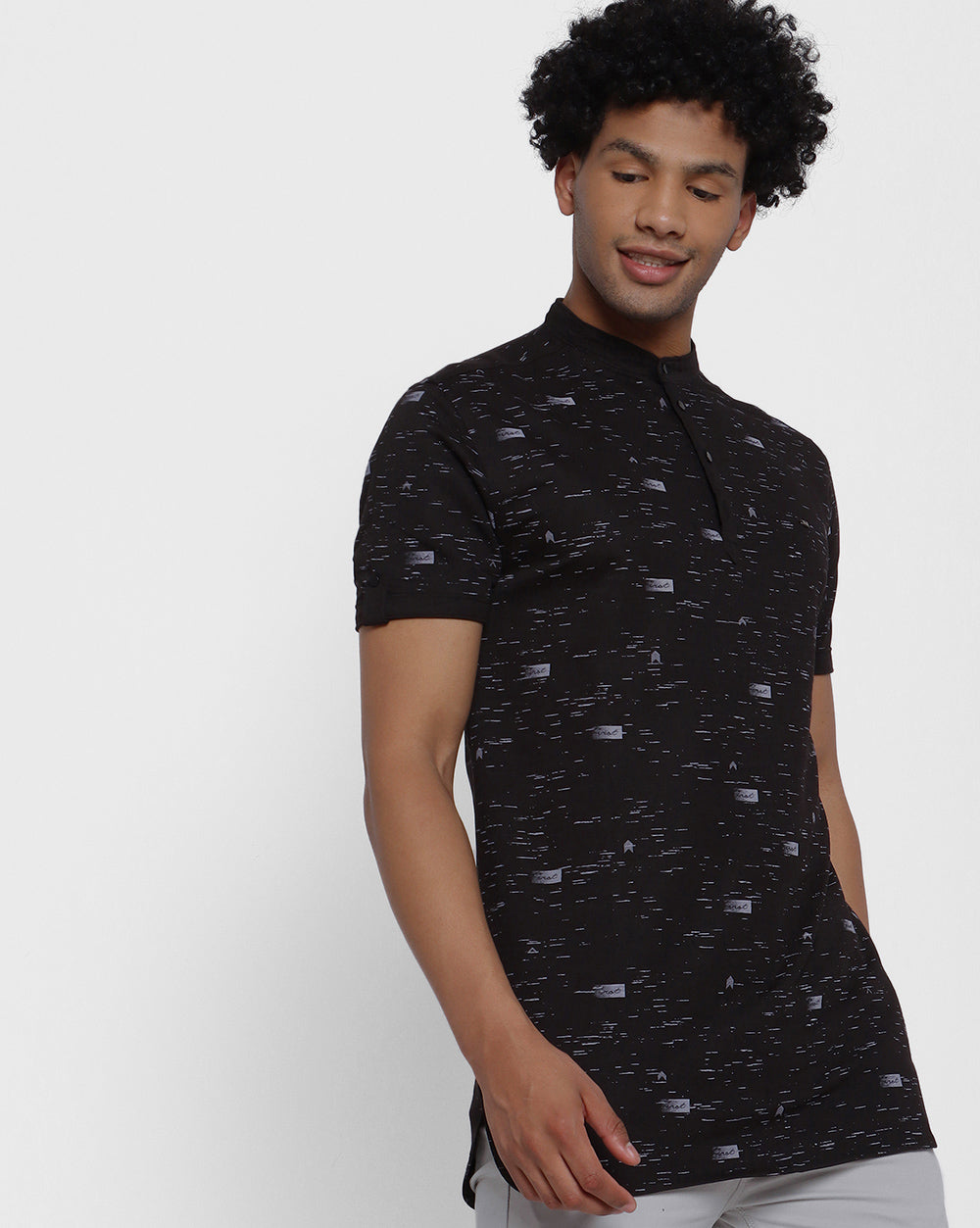 Black Printed Knit Casual Short Kurta For Men