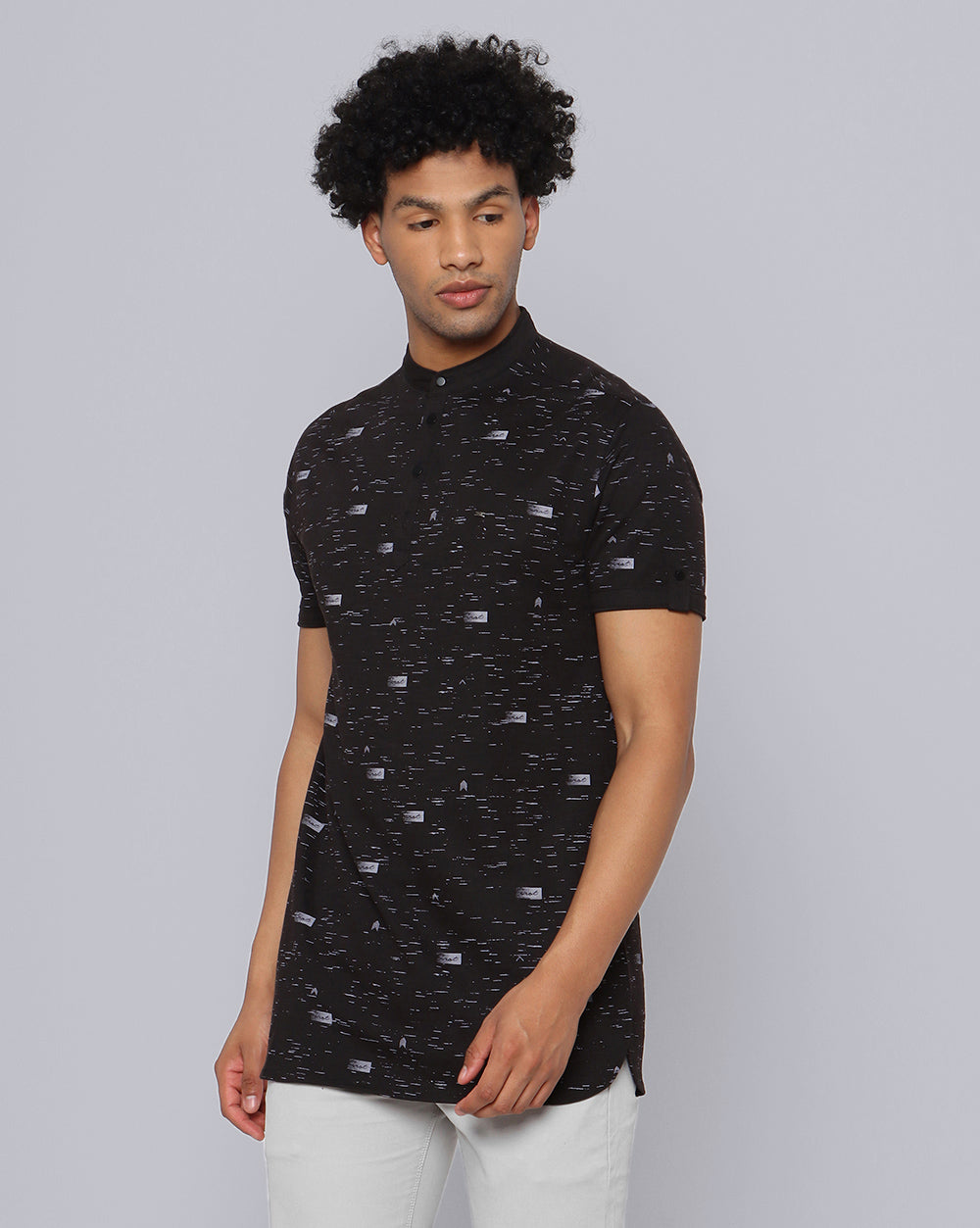 Black Printed Knit Casual Short Kurta For Men