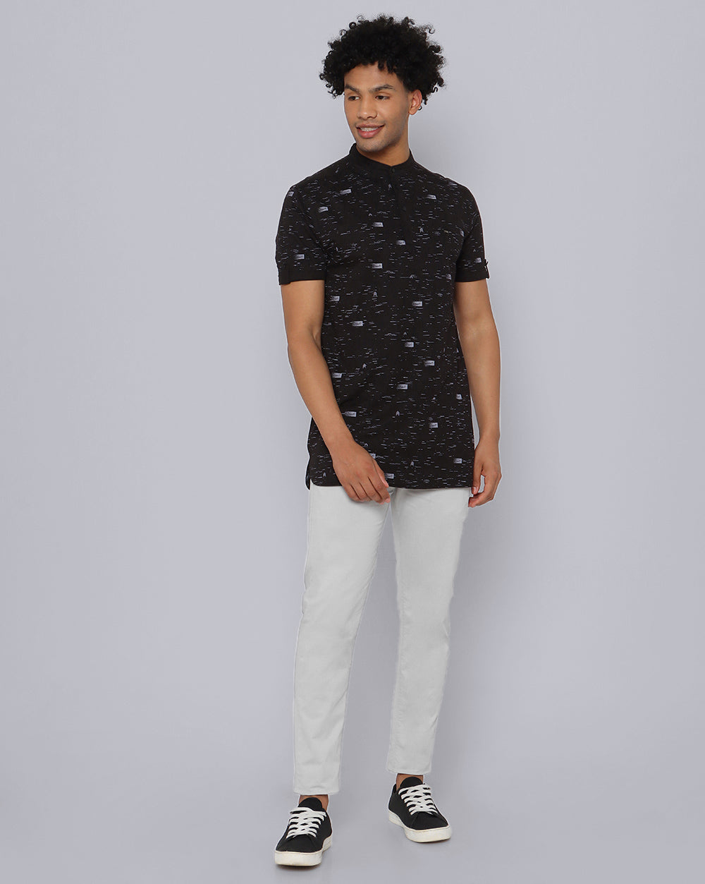 Black Printed Knit Casual Short Kurta For Men