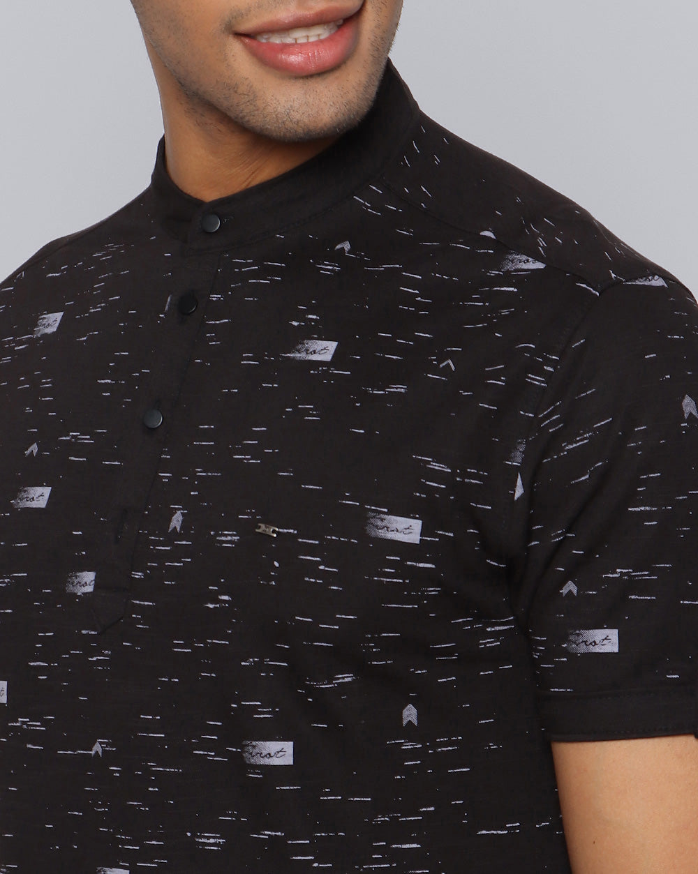 Black Printed Knit Casual Short Kurta For Men