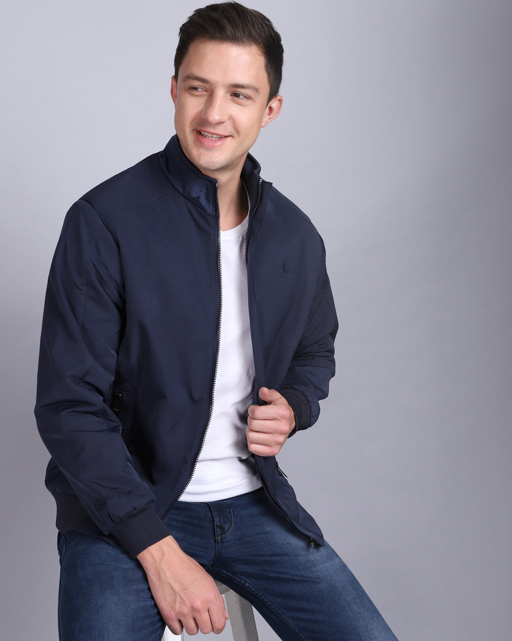 Solid High Neck Jacket-Navy