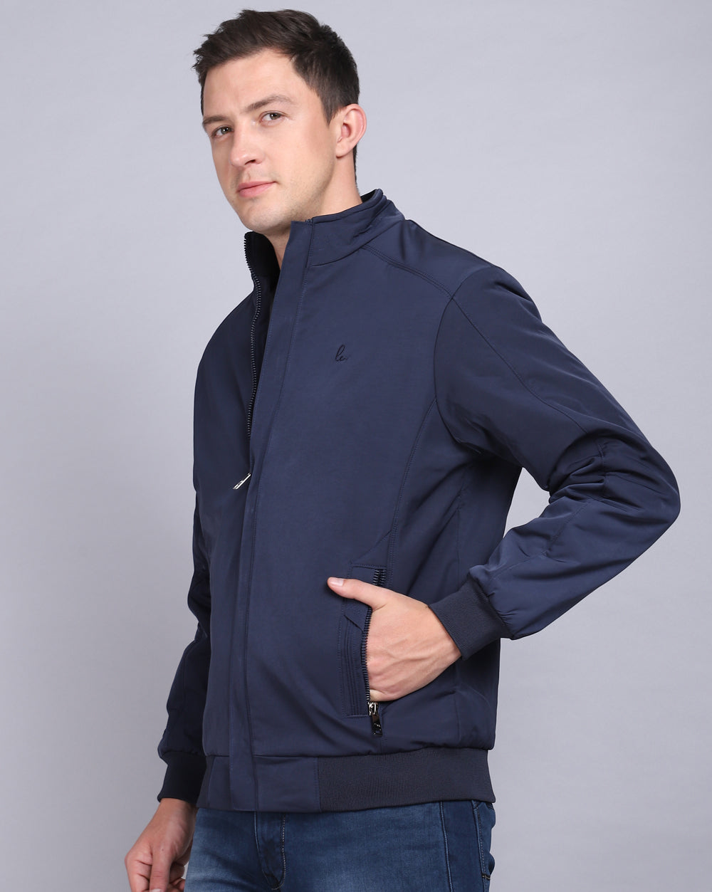 Solid High Neck Jacket-Navy