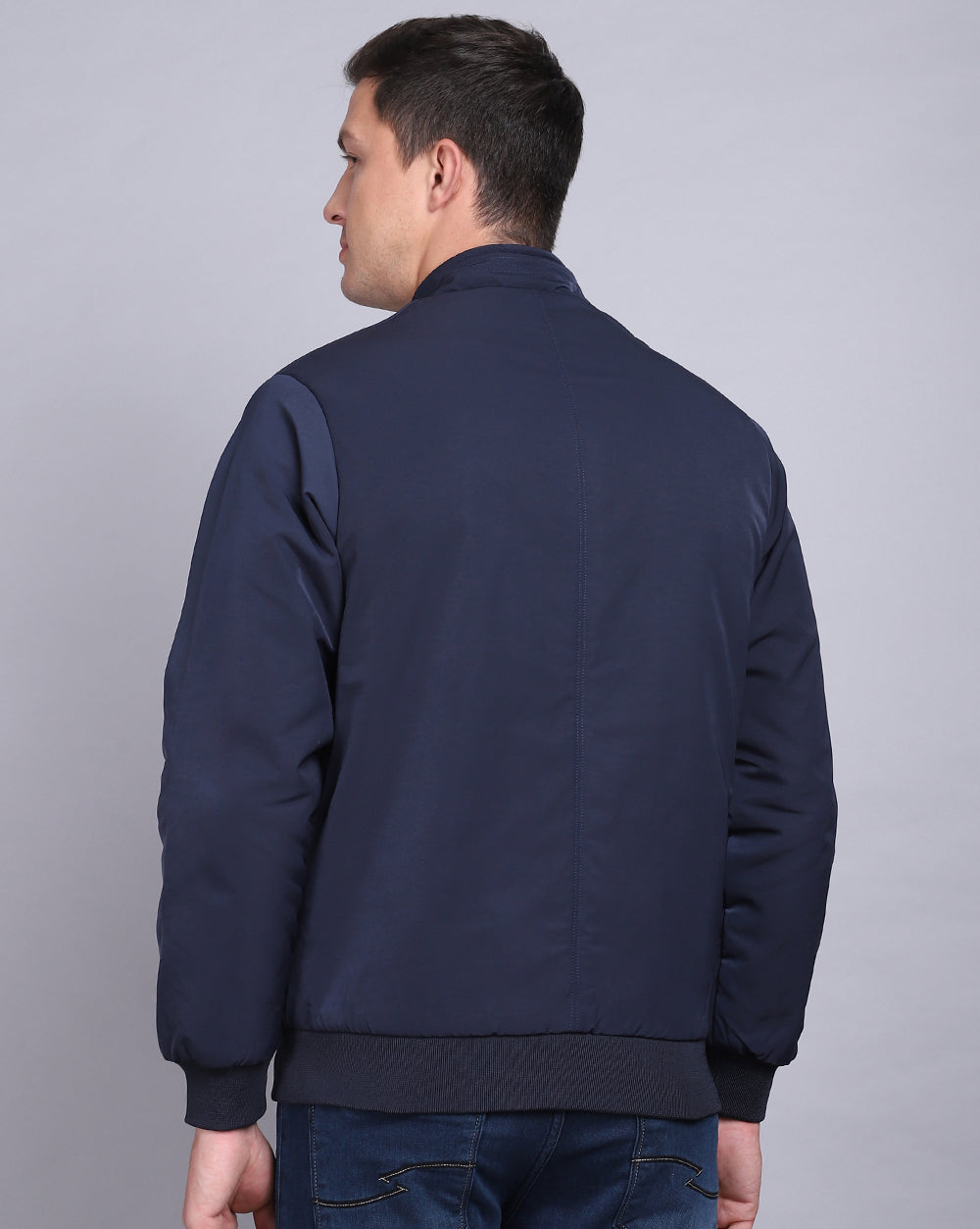 Solid High Neck Jacket-Navy