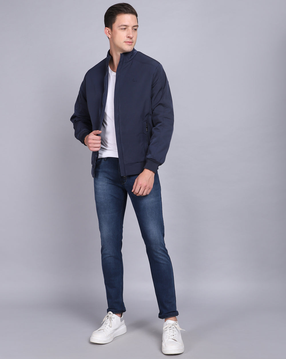 Solid High Neck Jacket-Navy