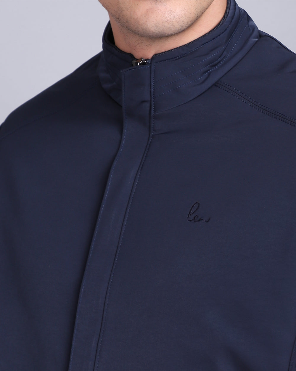 Solid High Neck Jacket-Navy