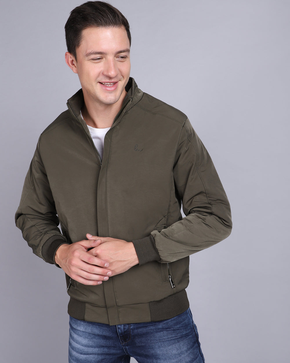 Solid High Neck Jacket-Olive