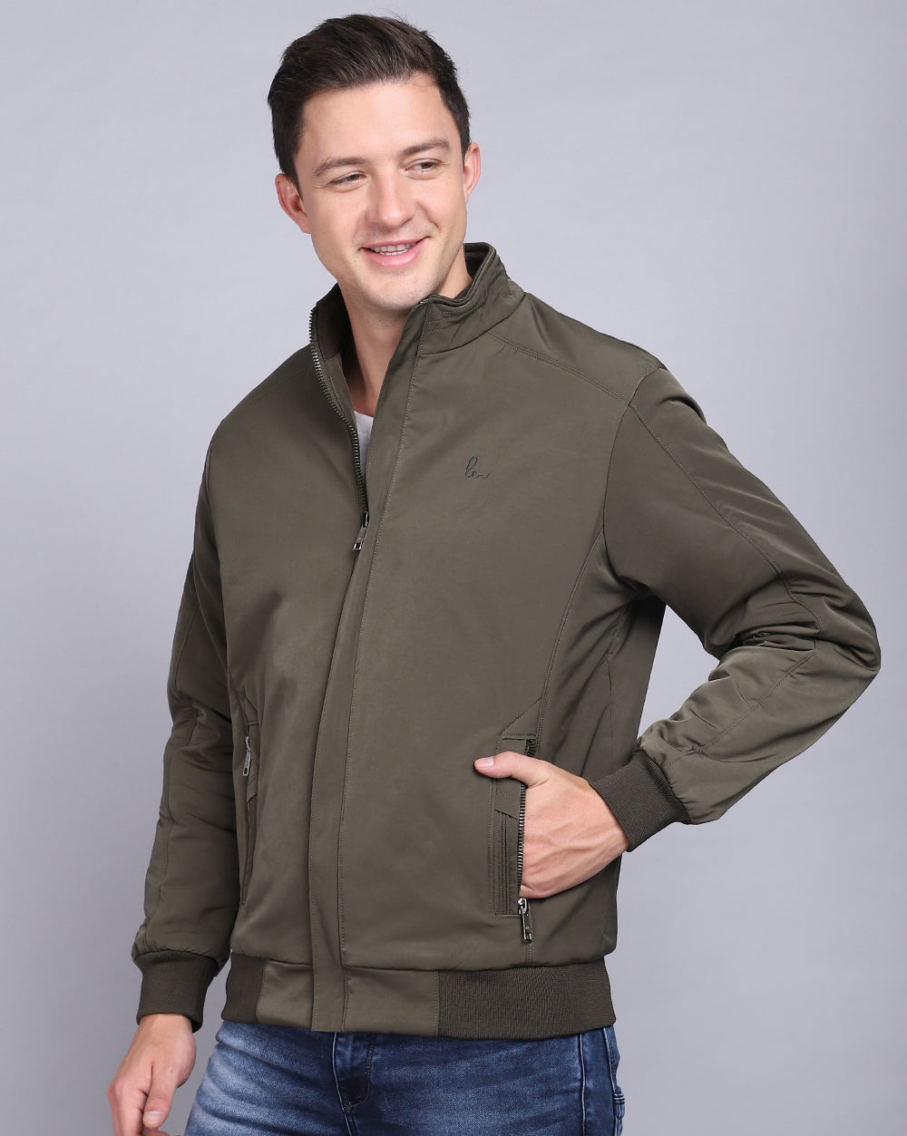 Solid High Neck Jacket-Olive