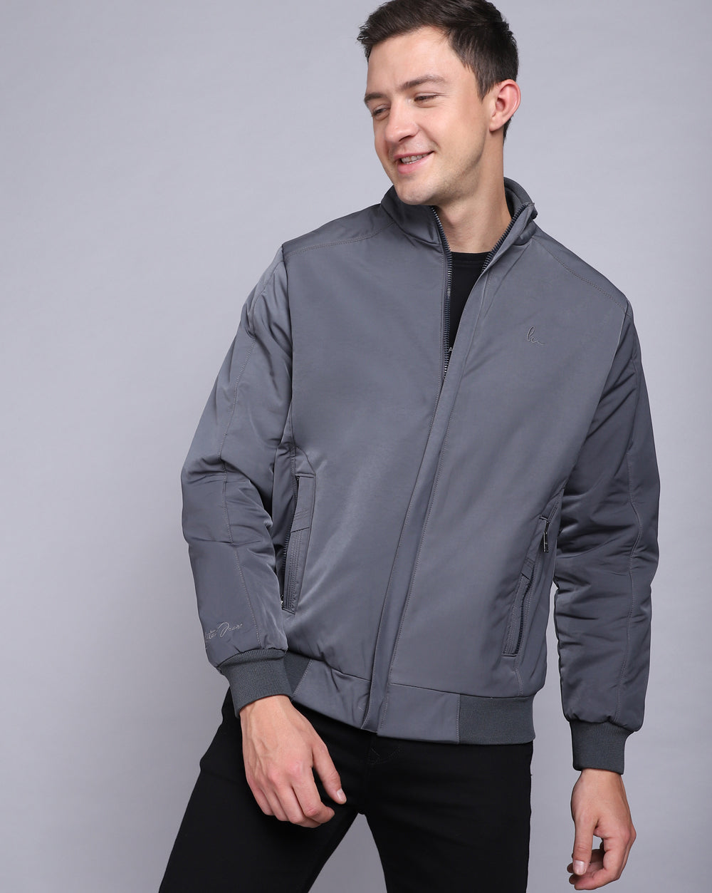 Solid High Neck Jacket-Charcoal
