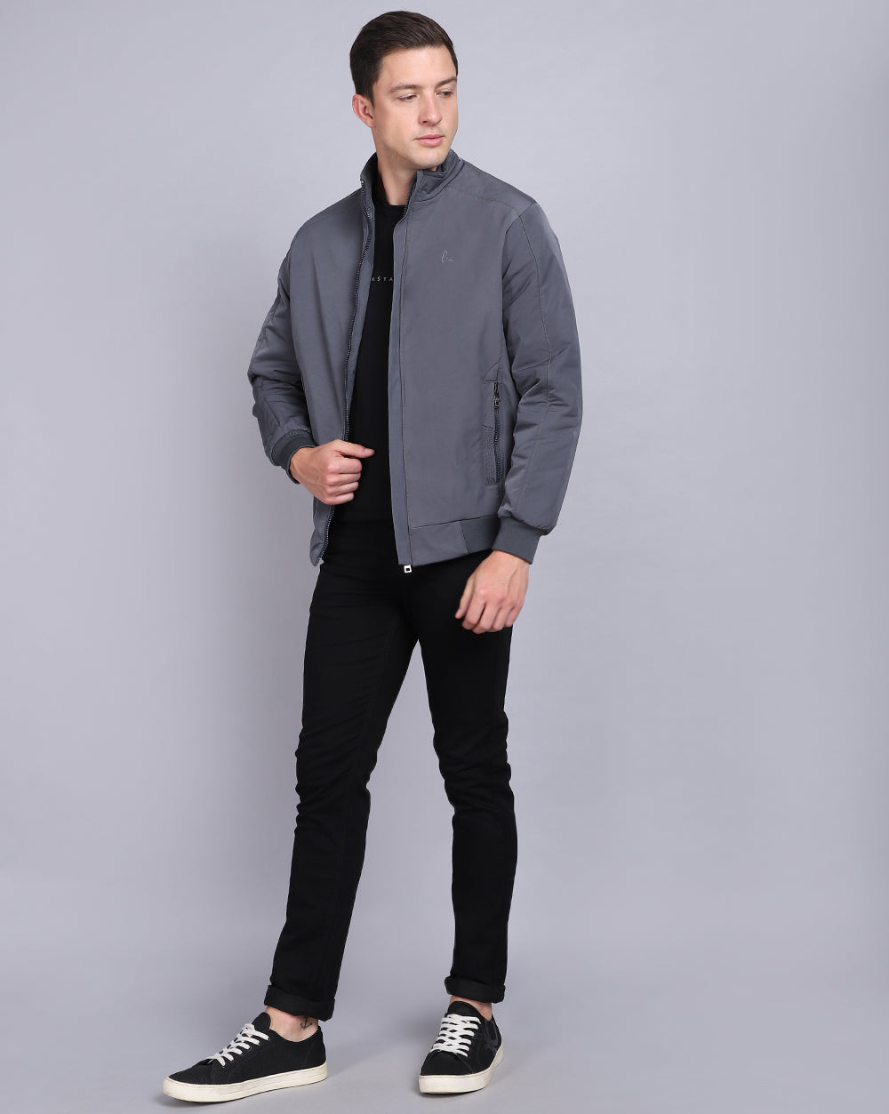 Solid High Neck Jacket-Charcoal