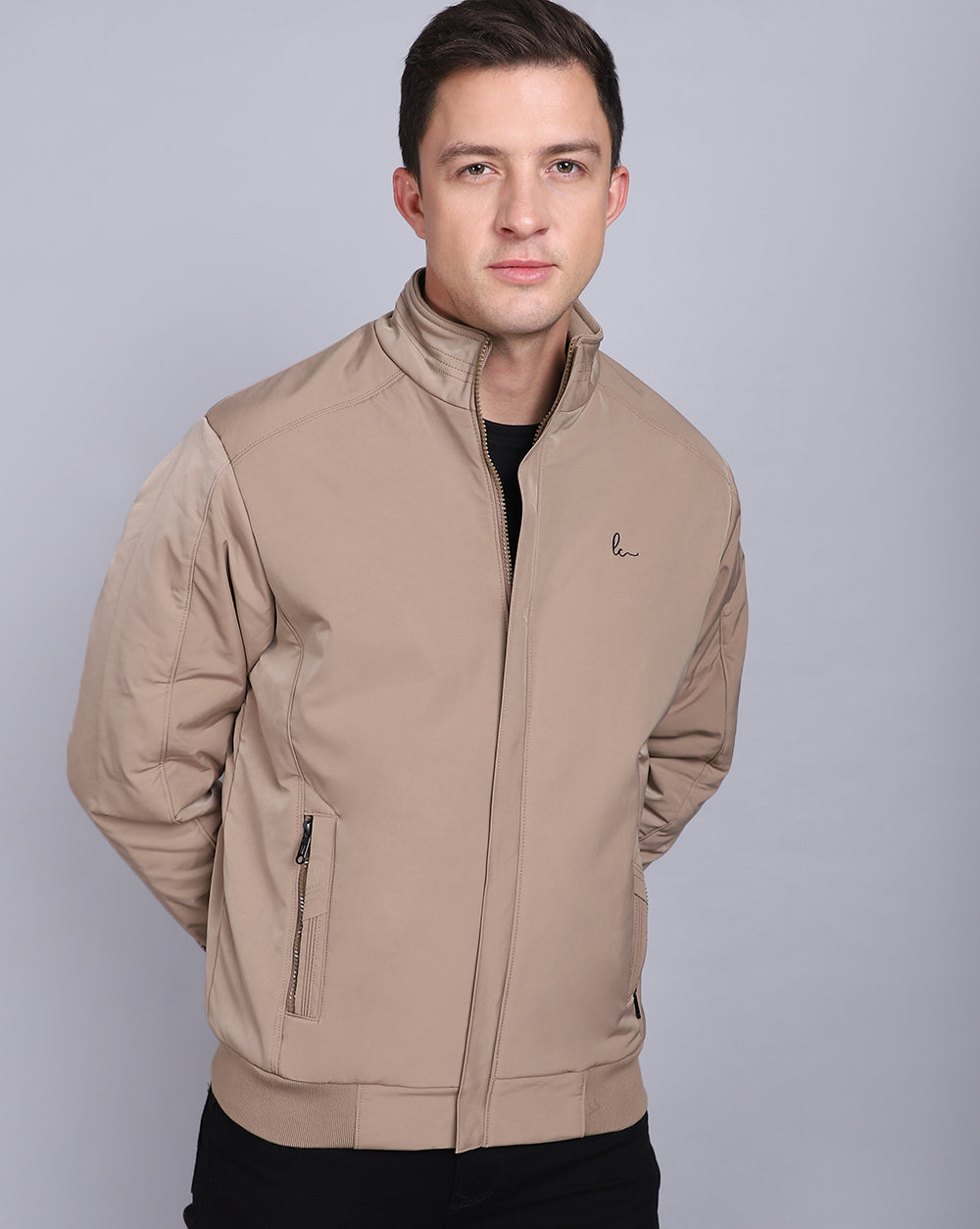 Solid High Neck Jacket-Light Brown