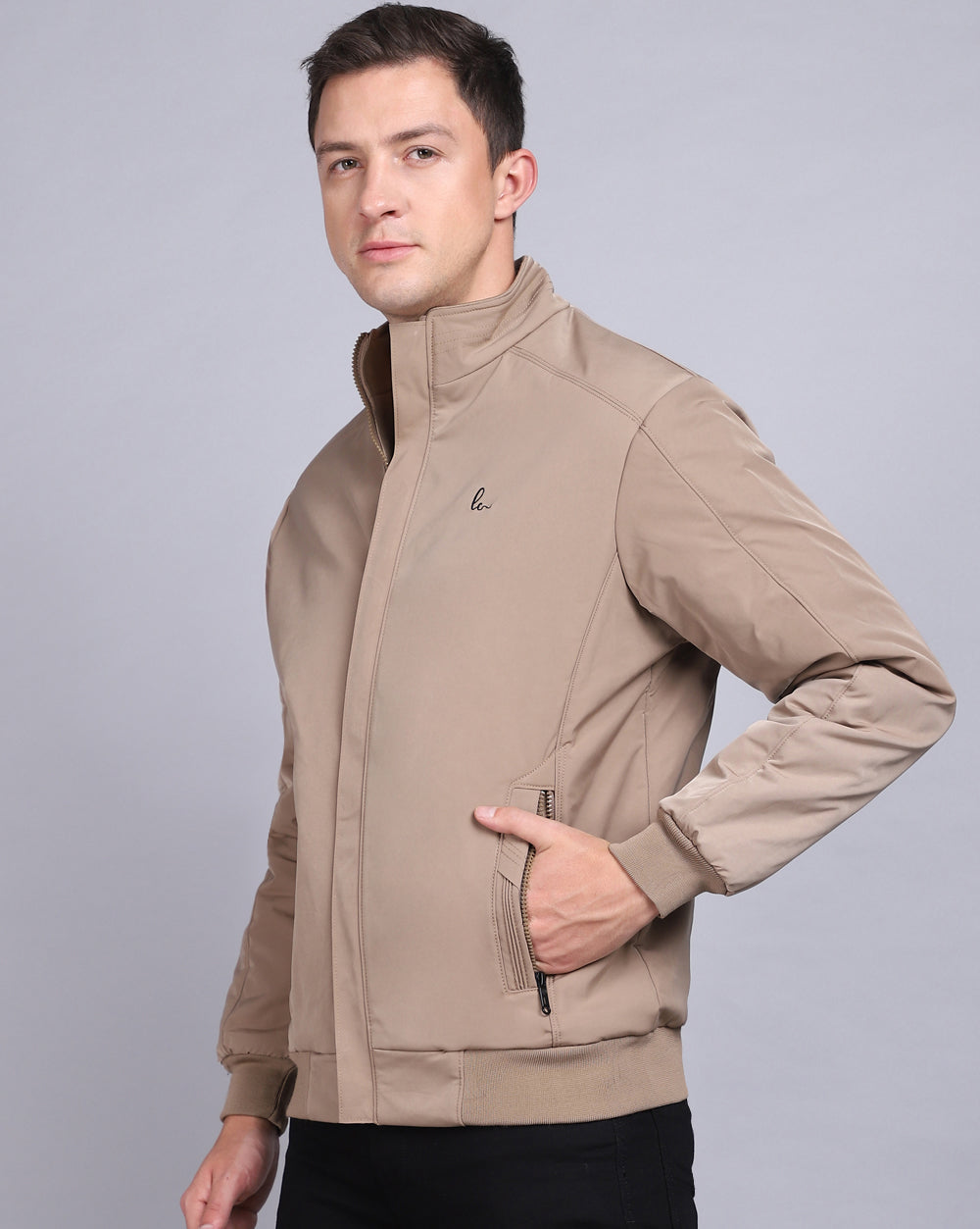 Solid High Neck Jacket-Light Brown