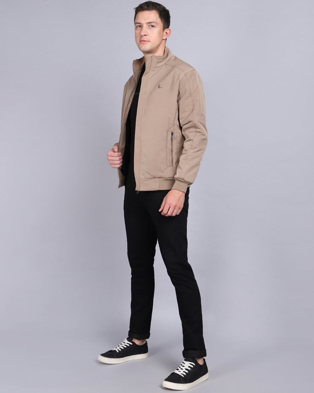 Solid High Neck Jacket-Light Brown