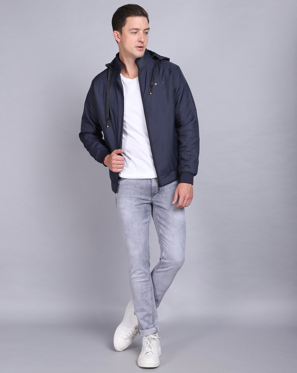 Solid Hooded Jacket-Solid Navy