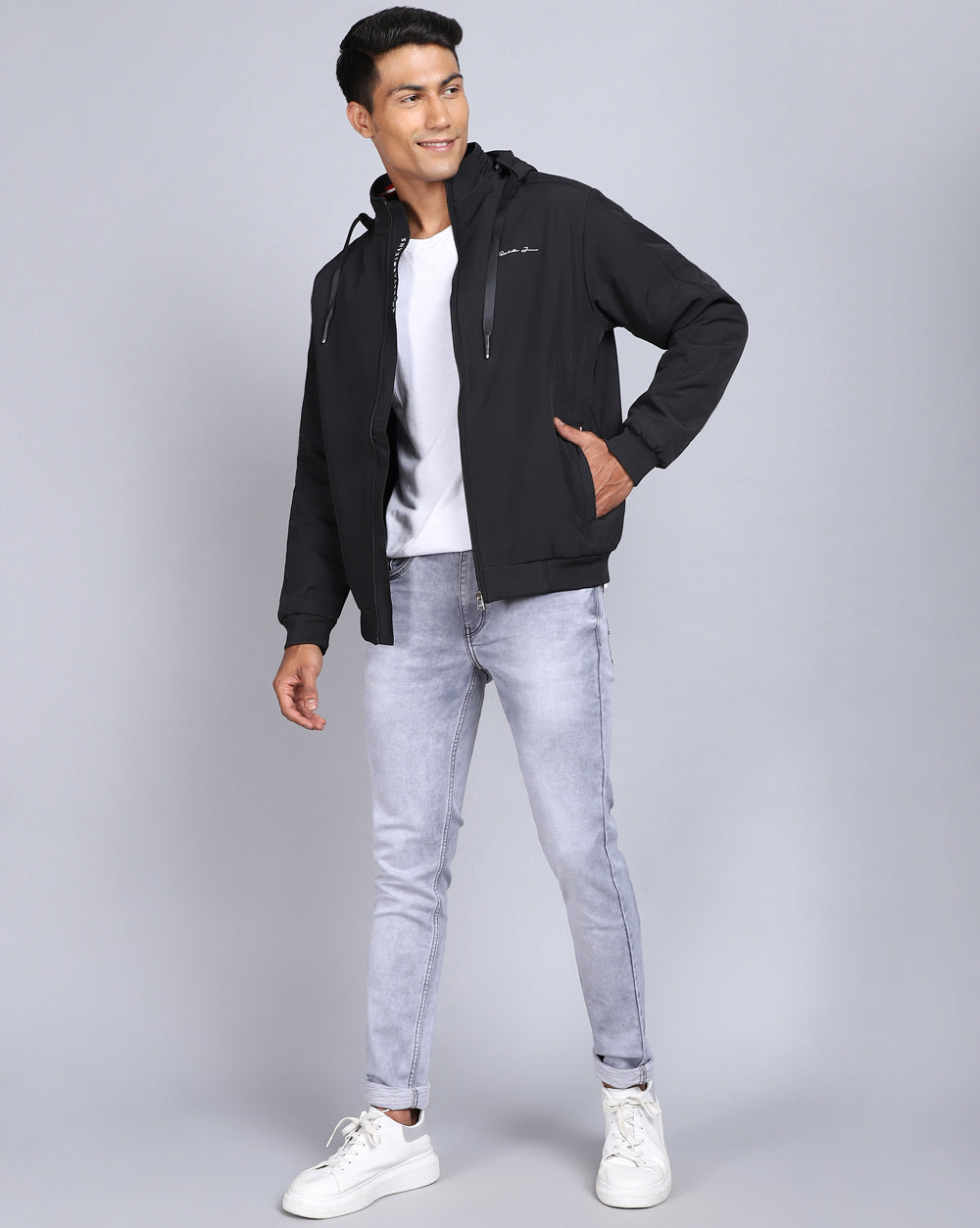 Solid Hooded Jacket-Coal Black